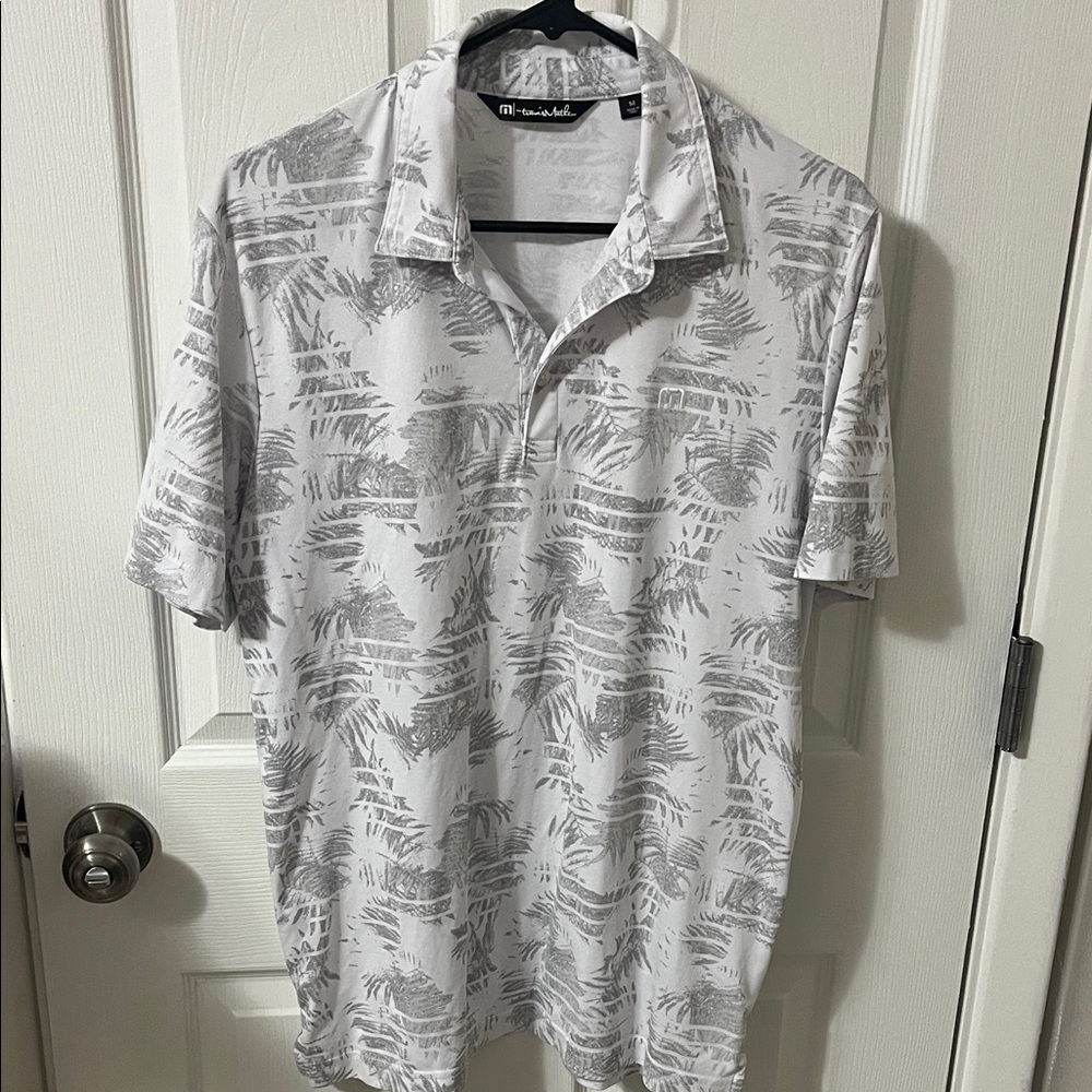 Travis Mathew White Golf Polo with Light Gray Leaf Print